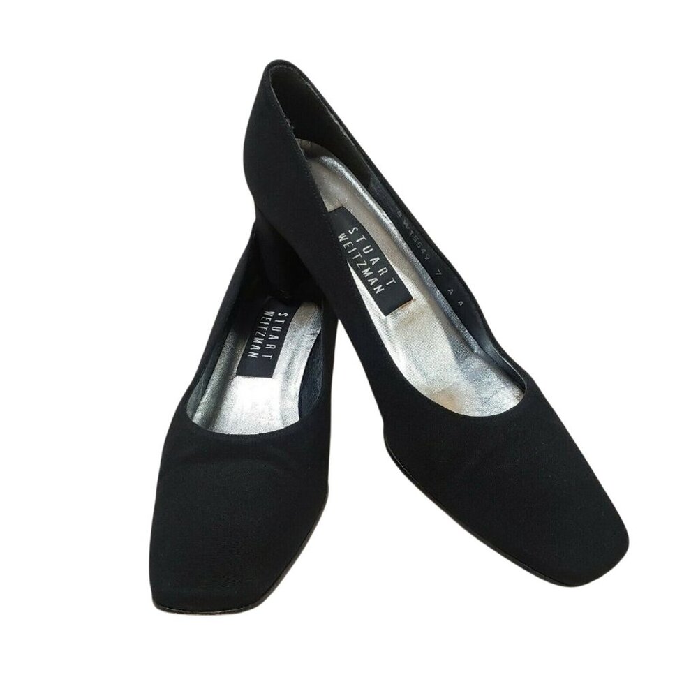 STUART WEITZMAN BLACK FABRIC BLOCK HEEL PUMPS 7 AA